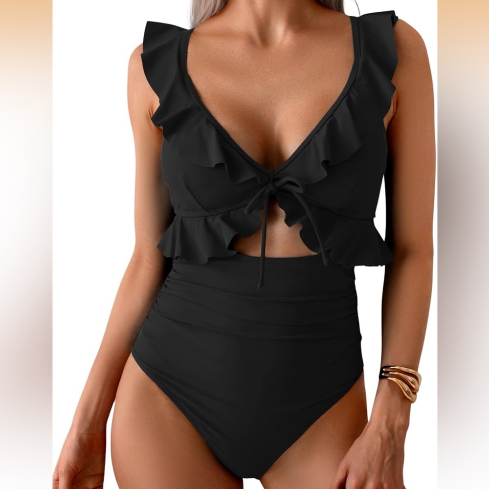 NWOT One Piece Tummy Control Ruffle V Neck Ruched Slimming Cutout Swimsuit Black - Picture 5 of 6